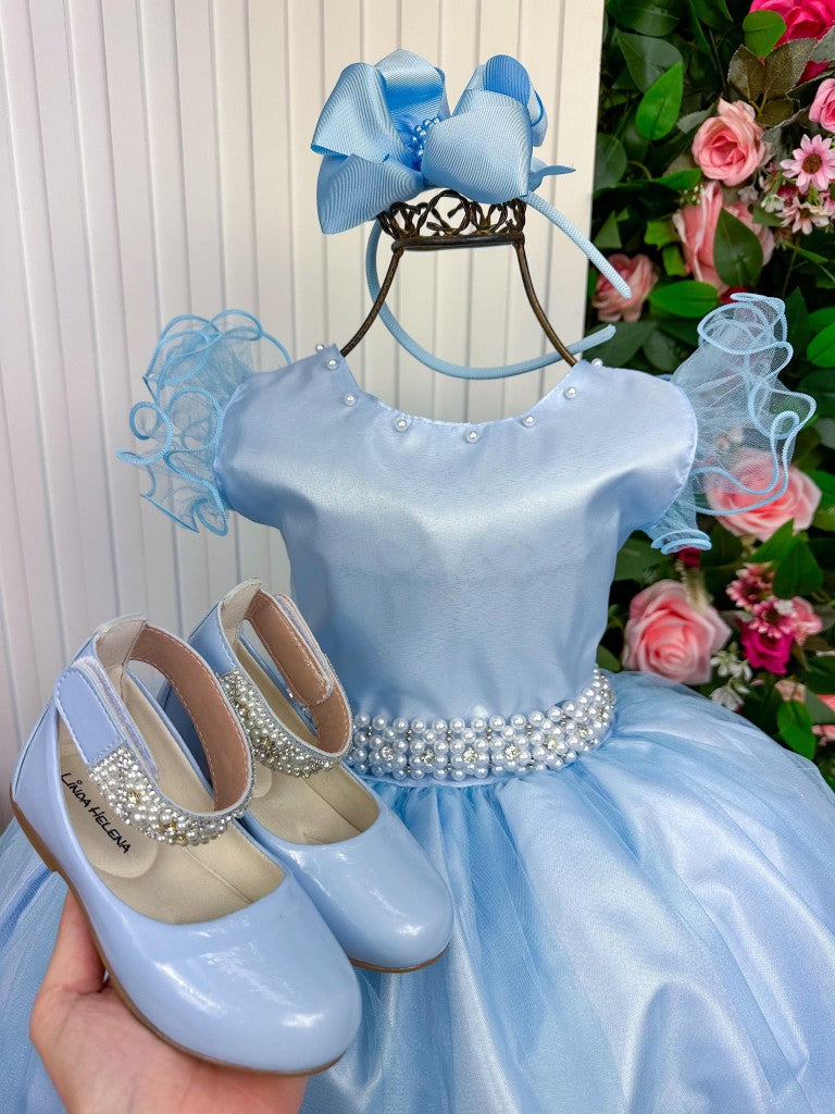 Vestido Infantil Azul Bebê em Cetim com Saia Rodada para Festa de Aniversário