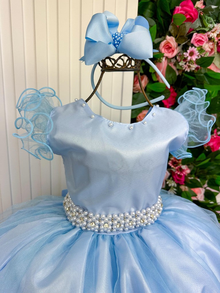 Vestido Infantil Azul Bebê em Cetim com Saia Rodada para Festa de Aniversário