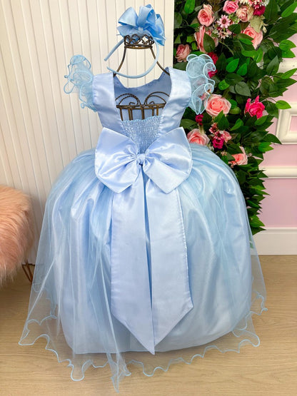 Vestido Infantil Azul Bebê em Cetim com Saia Rodada para Festa de Aniversário