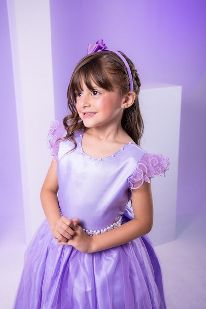 Vestido Infantil Lilás em Renda com Strass e Saia Rodada para Festa de Aniversário