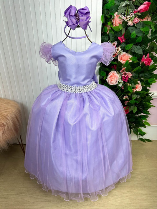 Vestido Infantil Lilás em Renda com Strass e Saia Rodada para Festa de Aniversário