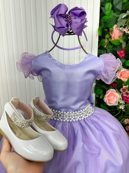 Vestido Infantil Lilás em Renda com Strass e Saia Rodada para Festa de Aniversário