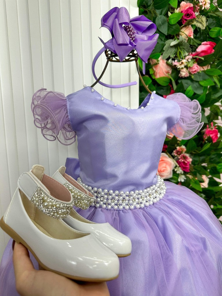 Vestido Infantil Lilás em Renda com Strass e Saia Rodada para Festa de Aniversário