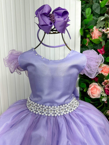 Vestido Infantil Lilás em Renda com Strass e Saia Rodada para Festa de Aniversário