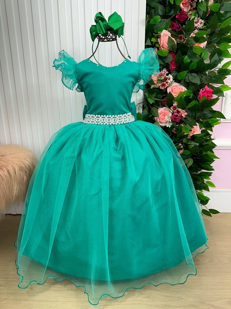 Vestido Infantil Verde Jade em Poliéster com Renda Delicada para Daminhas