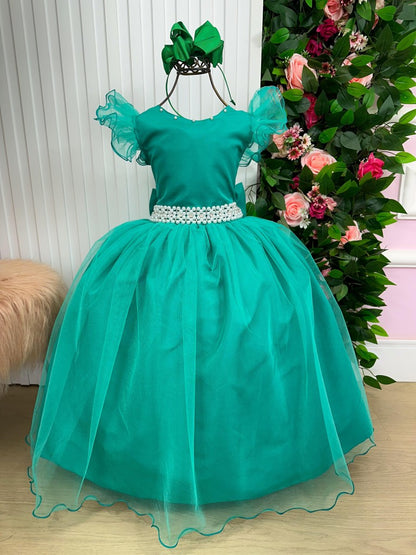 Vestido Infantil Verde Jade em Poliéster com Renda Delicada para Daminhas