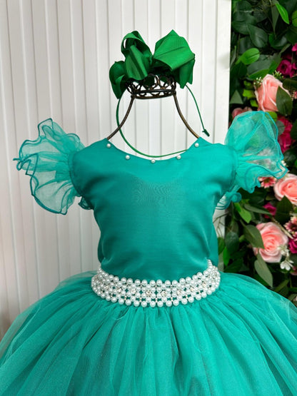 Vestido Infantil Verde Jade em Poliéster com Renda Delicada para Daminhas