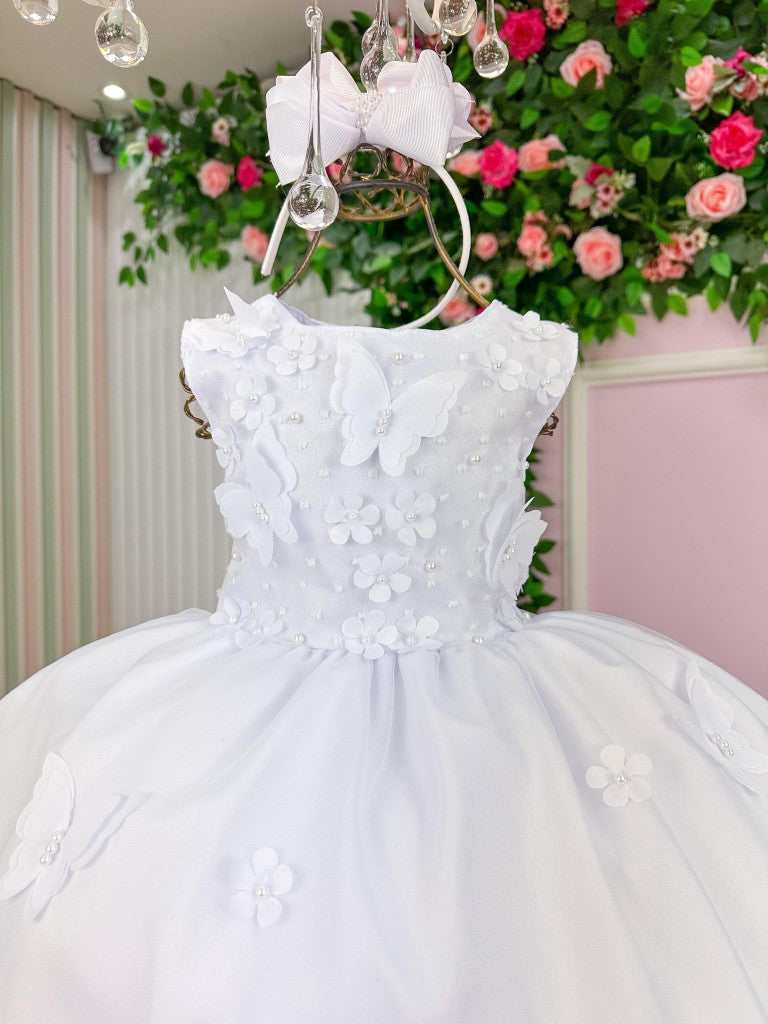 Vestido Infantil Branco em Tule com Renda e Saia Rodada para Daminhas