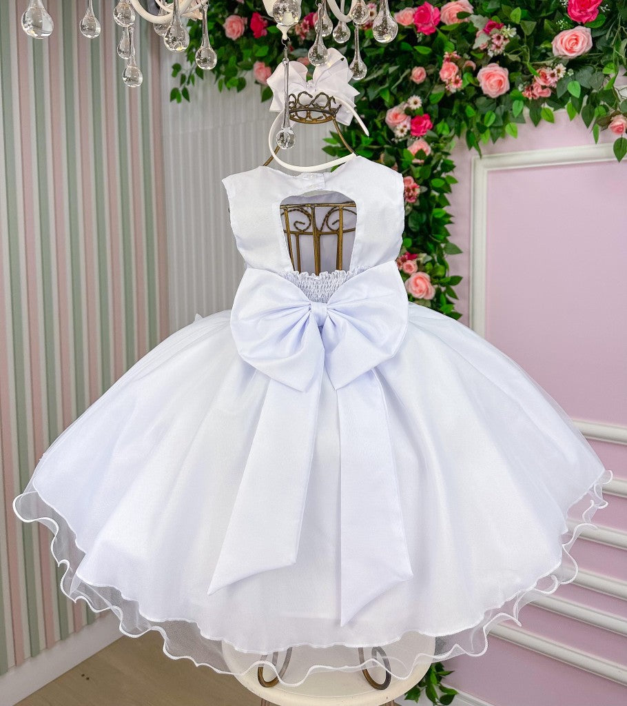 Vestido Infantil Branco em Tule com Renda e Saia Rodada para Daminhas