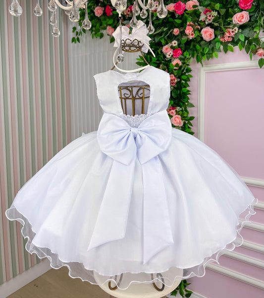 Vestido Infantil Branco em Tule com Renda e Saia Rodada para Daminhas