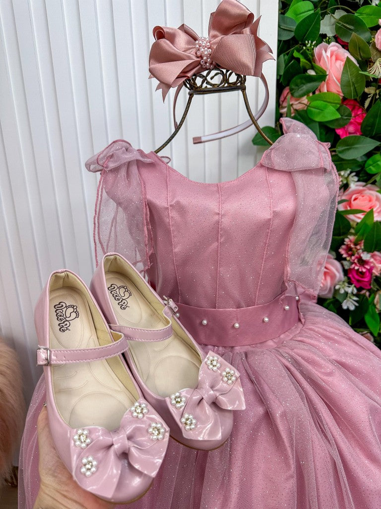 Vestido Infantil Mel Rose em Tafetá com Glitter Saia Rodada para Daminhas