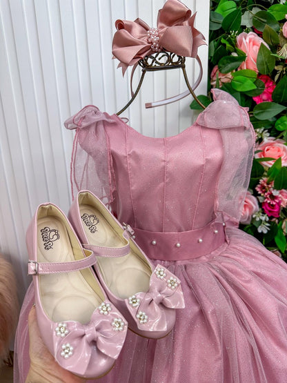 Vestido Infantil Mel Rose em Tafetá com Glitter Saia Rodada para Daminhas
