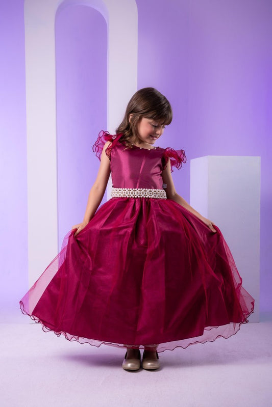 Vestido Infantil Marsala em Cetim com Saia Rodada e Laço nas Costas para Festa de Aniversário