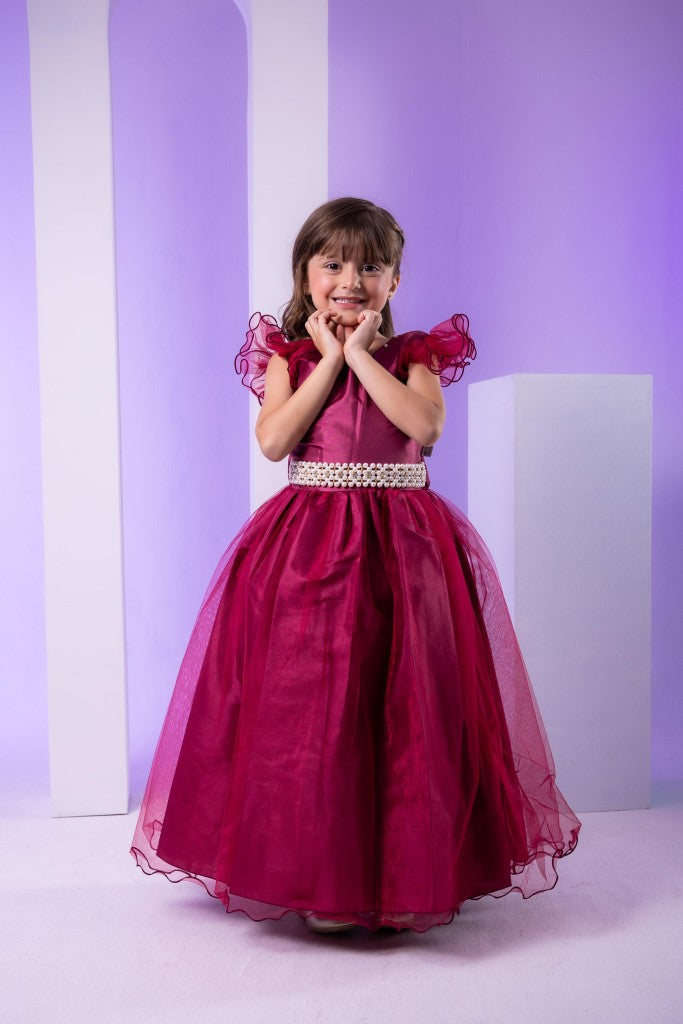 Vestido Infantil Marsala em Cetim com Saia Rodada e Laço nas Costas para Festa de Aniversário