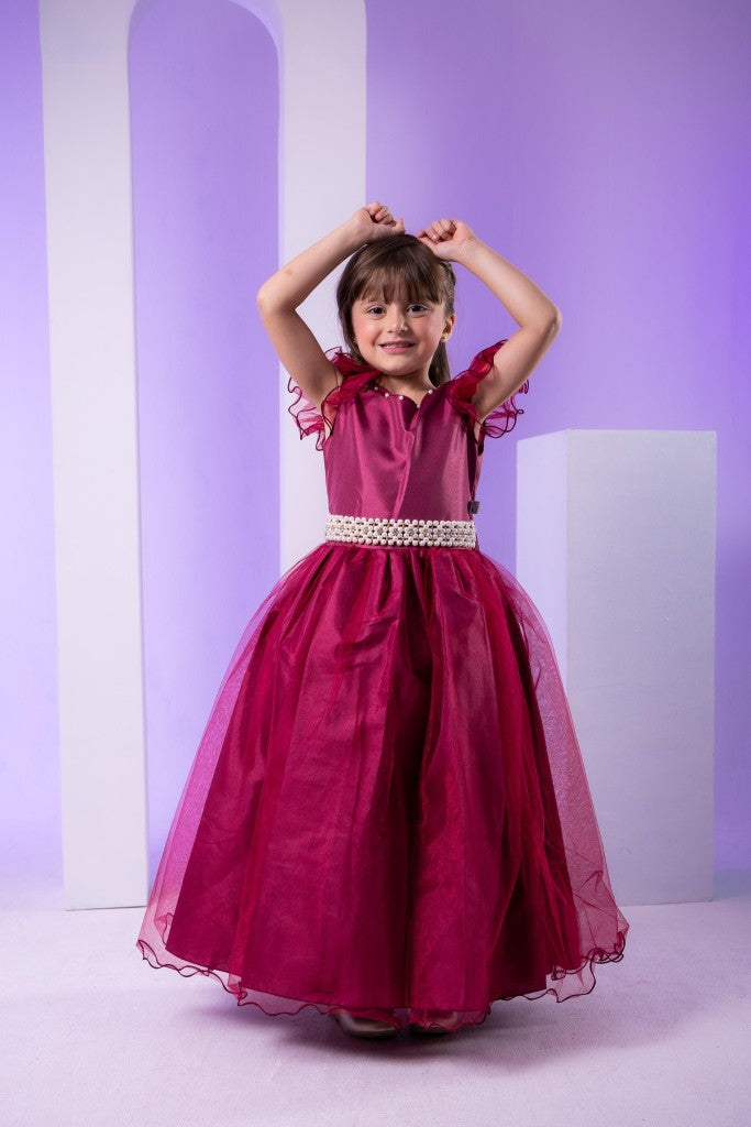 Vestido Infantil Marsala em Cetim com Saia Rodada e Laço nas Costas para Festa de Aniversário