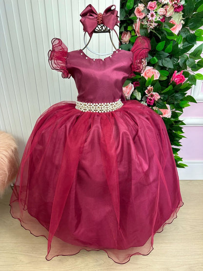 Vestido Infantil Marsala em Cetim com Saia Rodada e Laço nas Costas para Festa de Aniversário