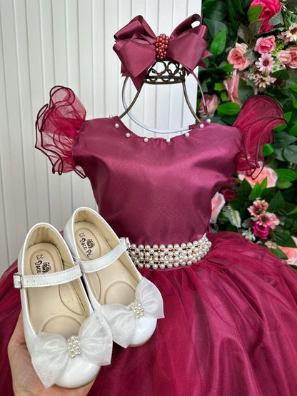 Vestido Infantil Marsala em Cetim com Saia Rodada e Laço nas Costas para Festa de Aniversário