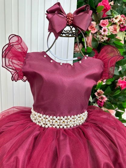 Vestido Infantil Marsala em Cetim com Saia Rodada e Laço nas Costas para Festa de Aniversário