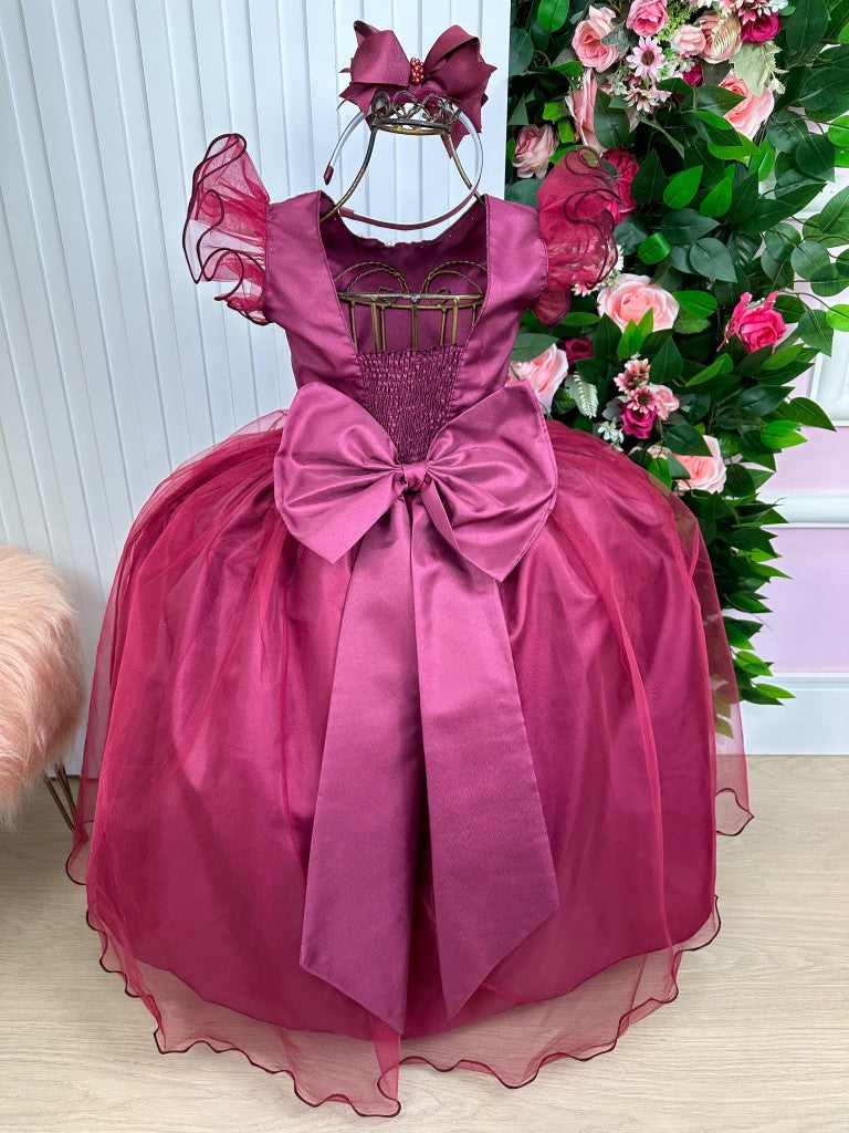 Vestido Infantil Marsala em Cetim com Saia Rodada e Laço nas Costas para Festa de Aniversário