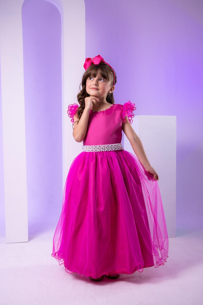 Vestido Infantil Pink em Poliéster com Renda de Flores e Apliques de Strass para Festa de Aniversário
