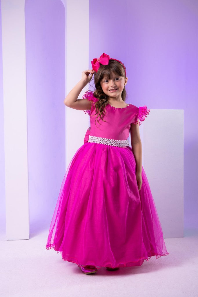 Vestido Infantil Pink em Poliéster com Renda de Flores e Apliques de Strass para Festa de Aniversário