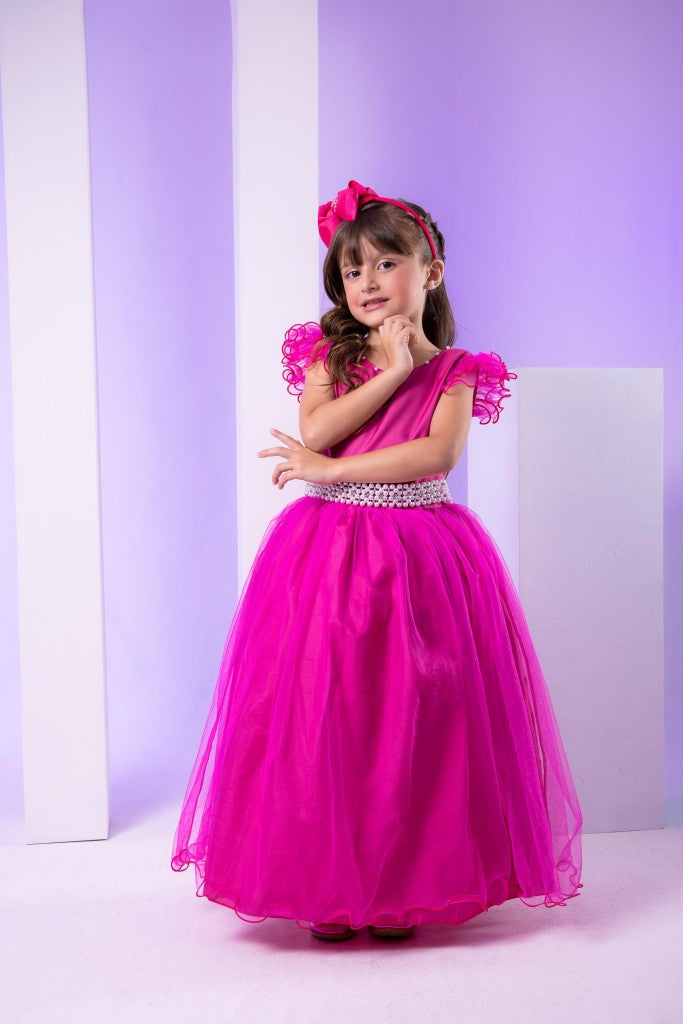 Vestido Infantil Pink em Poliéster com Renda de Flores e Apliques de Strass para Festa de Aniversário