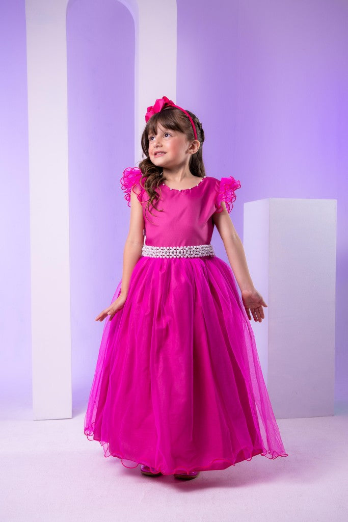 Vestido Infantil Pink em Poliéster com Renda de Flores e Apliques de Strass para Festa de Aniversário