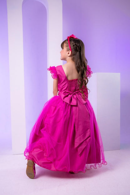 Vestido Infantil Pink em Poliéster com Renda de Flores e Apliques de Strass para Festa de Aniversário