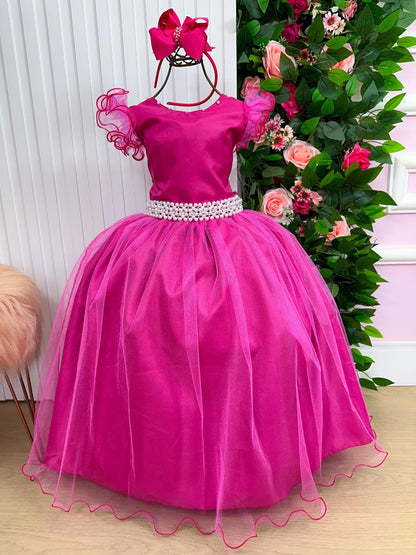 Vestido Infantil Pink em Poliéster com Renda de Flores e Apliques de Strass para Festa de Aniversário