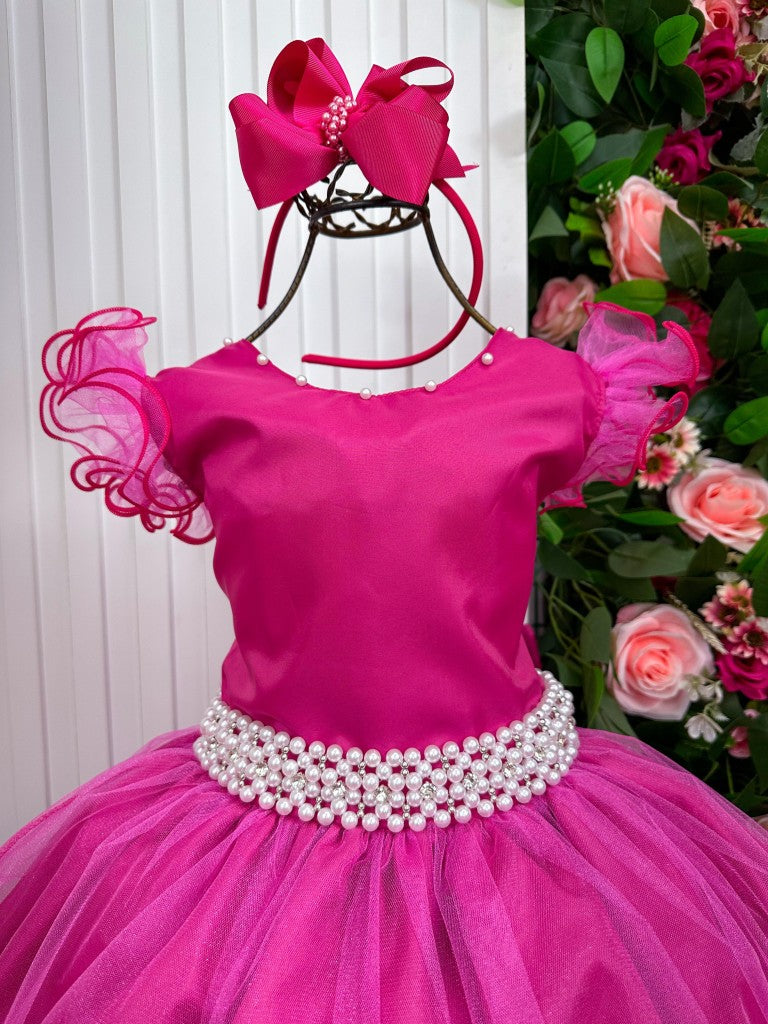 Vestido Infantil Pink em Poliéster com Renda de Flores e Apliques de Strass para Festa de Aniversário