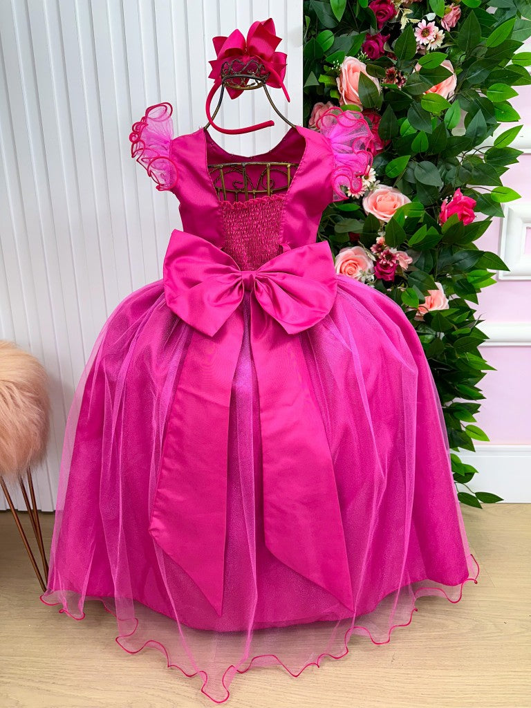 Vestido Infantil Pink em Poliéster com Renda de Flores e Apliques de Strass para Festa de Aniversário