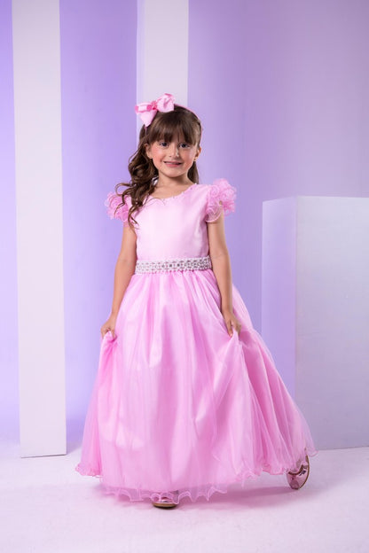 Vestido Infantil Rosa Bebê em Tulle com Detalhes Elegantes Saia Rodada para Festa de Aniversário