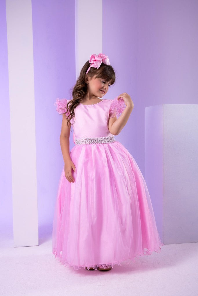 Vestido Infantil Rosa Bebê em Tulle com Detalhes Elegantes Saia Rodada para Festa de Aniversário