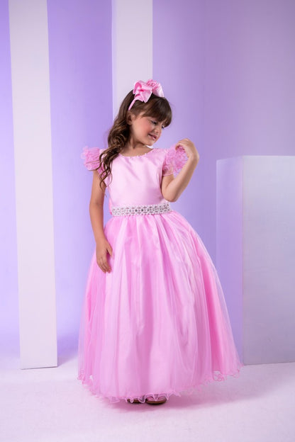 Vestido Infantil Rosa Bebê em Tulle com Detalhes Elegantes Saia Rodada para Festa de Aniversário