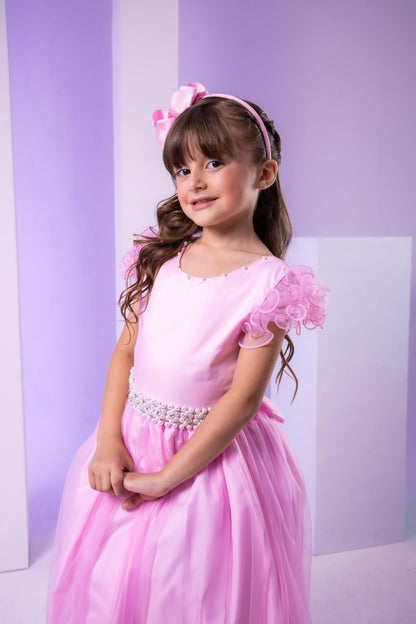 Vestido Infantil Rosa Bebê em Tulle com Detalhes Elegantes Saia Rodada para Festa de Aniversário