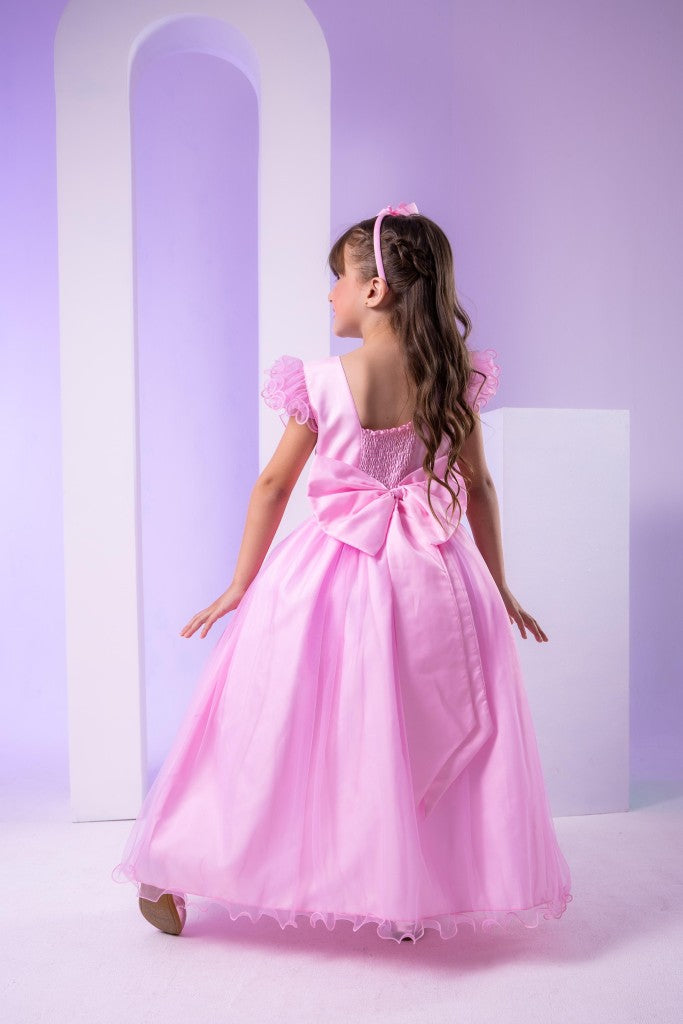 Vestido Infantil Rosa Bebê em Tulle com Detalhes Elegantes Saia Rodada para Festa de Aniversário