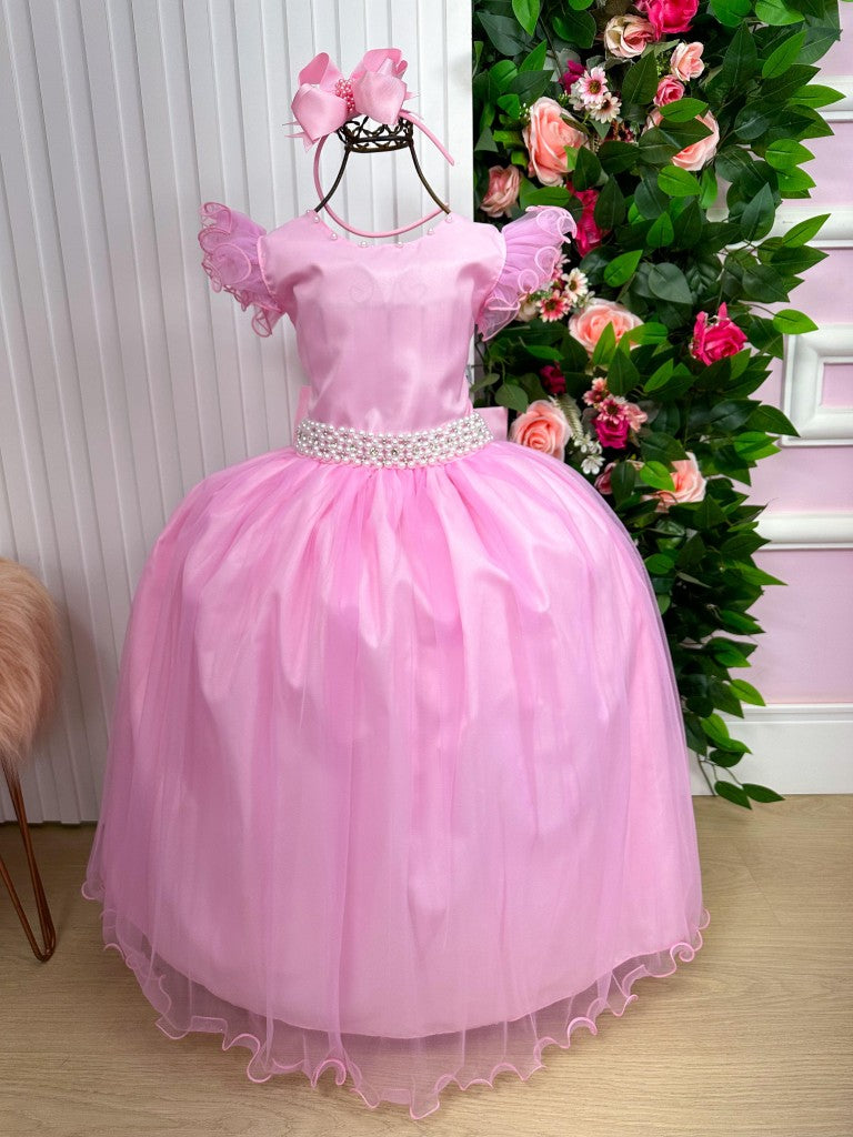 Vestido Infantil Rosa Bebê em Tulle com Detalhes Elegantes Saia Rodada para Festa de Aniversário