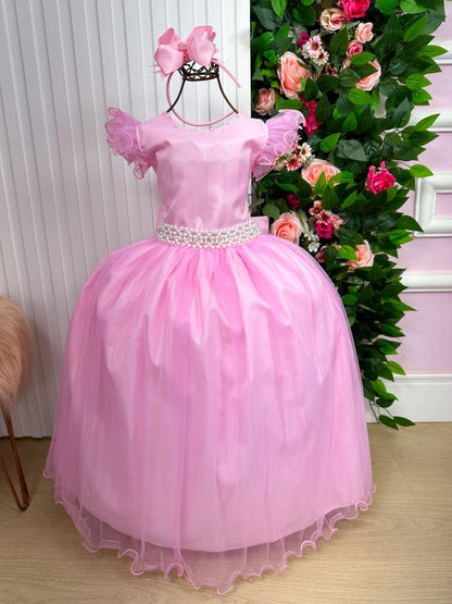 Vestido Infantil Rosa Bebê em Tulle com Detalhes Elegantes Saia Rodada para Festa de Aniversário