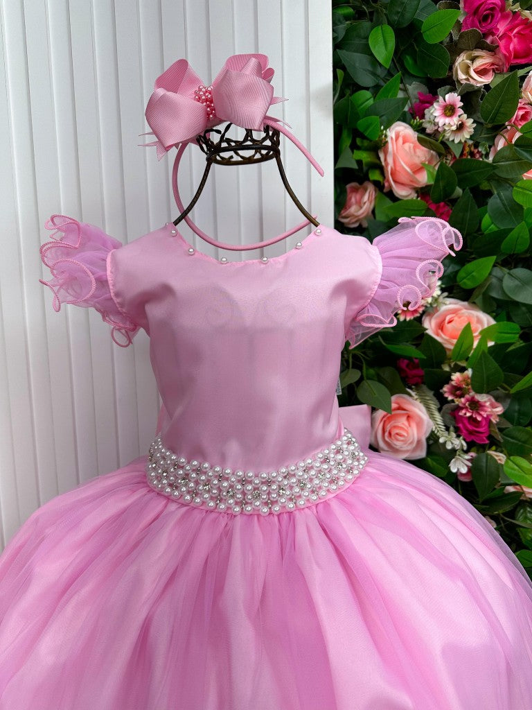 Vestido Infantil Rosa Bebê em Tulle com Detalhes Elegantes Saia Rodada para Festa de Aniversário