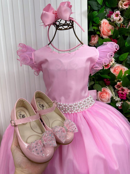 Vestido Infantil Rosa Bebê em Tulle com Detalhes Elegantes Saia Rodada para Festa de Aniversário