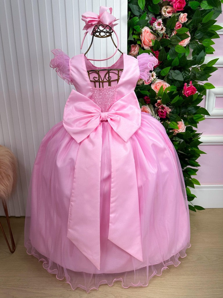 Vestido Infantil Rosa Bebê em Tulle com Detalhes Elegantes Saia Rodada para Festa de Aniversário