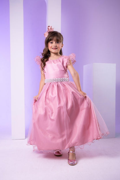 Vestido Infantil Rosa em Poliéster com Renda e Strass Saia Rodada para Festa de Aniversário