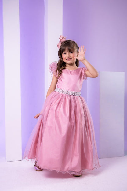 Vestido Infantil Rosa em Poliéster com Renda e Strass Saia Rodada para Festa de Aniversário