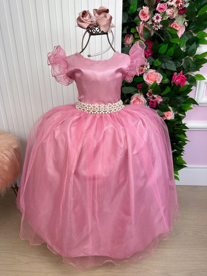 Vestido Infantil Rosa em Poliéster com Renda e Strass Saia Rodada para Festa de Aniversário