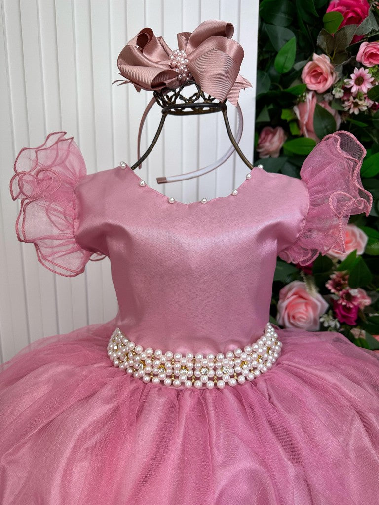 Vestido Infantil Rosa em Poliéster com Renda e Strass Saia Rodada para Festa de Aniversário