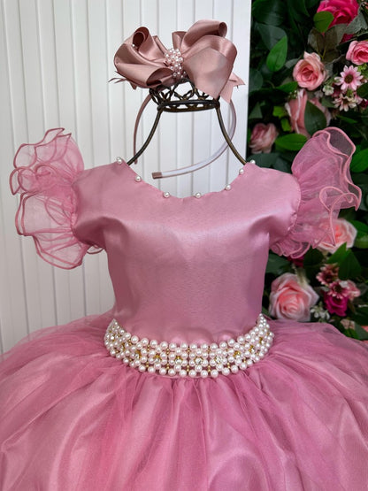 Vestido Infantil Rosa em Poliéster com Renda e Strass Saia Rodada para Festa de Aniversário