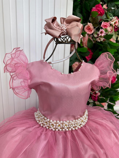 Vestido Infantil Rosa em Poliéster com Renda e Strass Saia Rodada para Festa de Aniversário