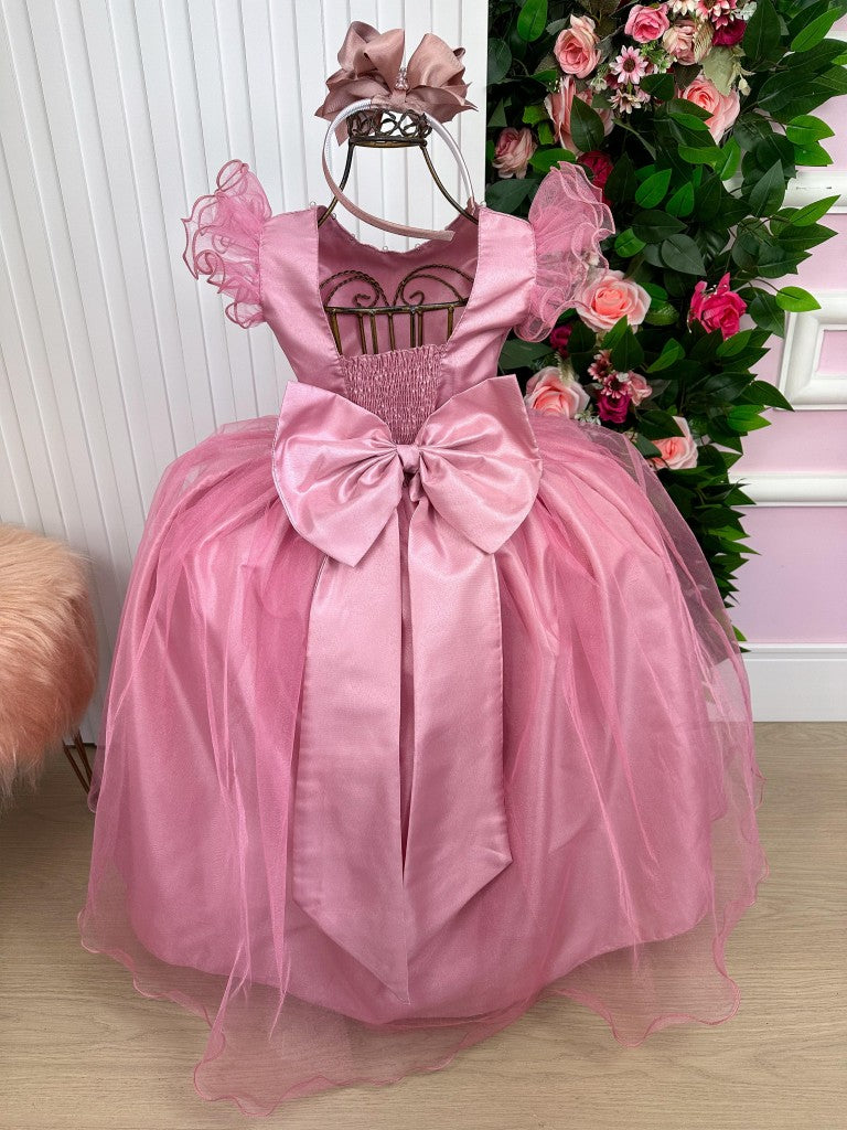 Vestido Infantil Rosa em Poliéster com Renda e Strass Saia Rodada para Festa de Aniversário