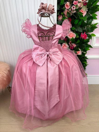 Vestido Infantil Rosa em Poliéster com Renda e Strass Saia Rodada para Festa de Aniversário