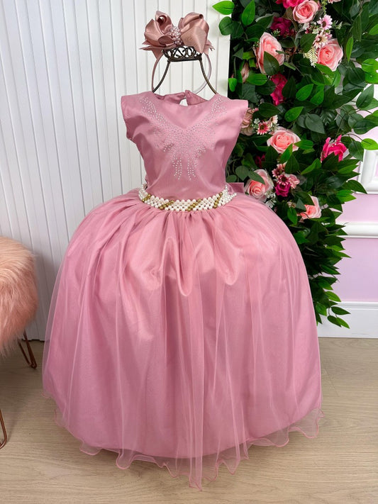 Vestido Infantil Rosa em Poliéster com Renda Delicada e Apliques de Strass para Festas Infantis